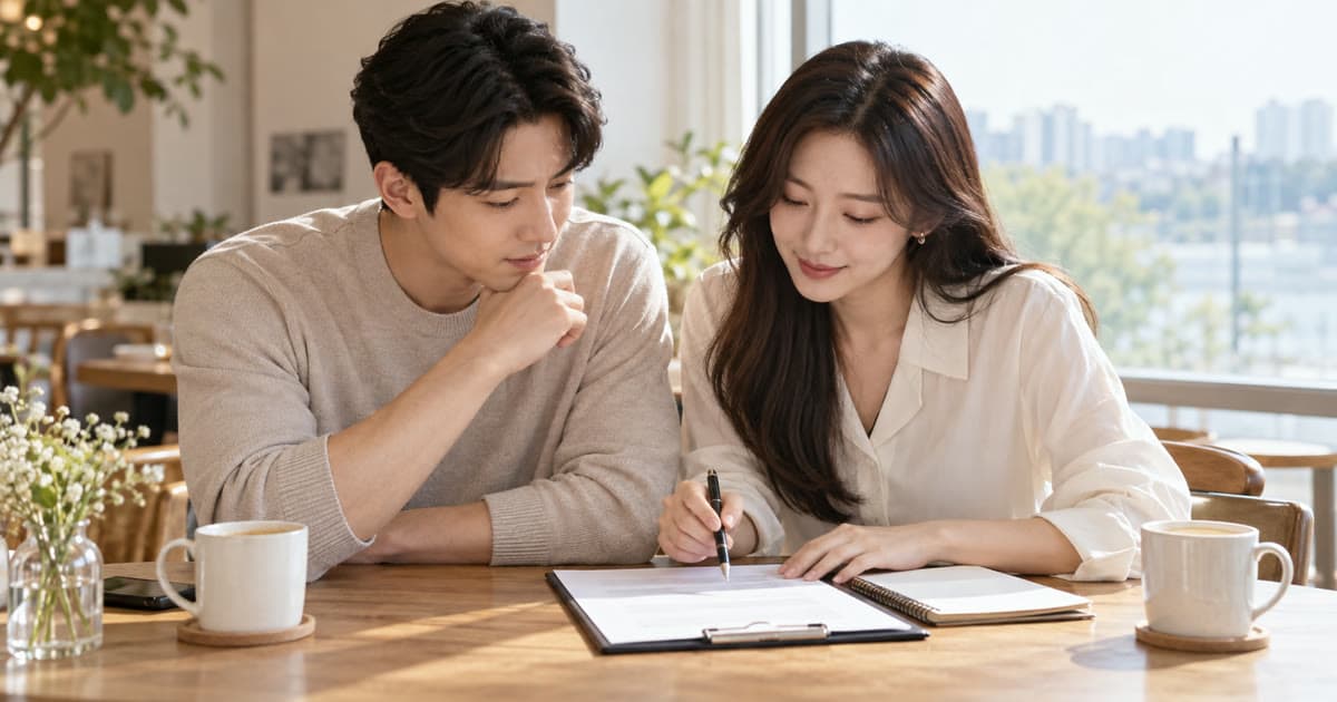 카페에서 두 사람이 계약 서류를 함께 검토하는 모습