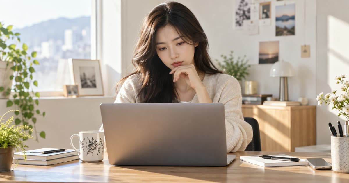 노트북 앞에서 자신의 프로필 공개 범위를 검토하는 모습