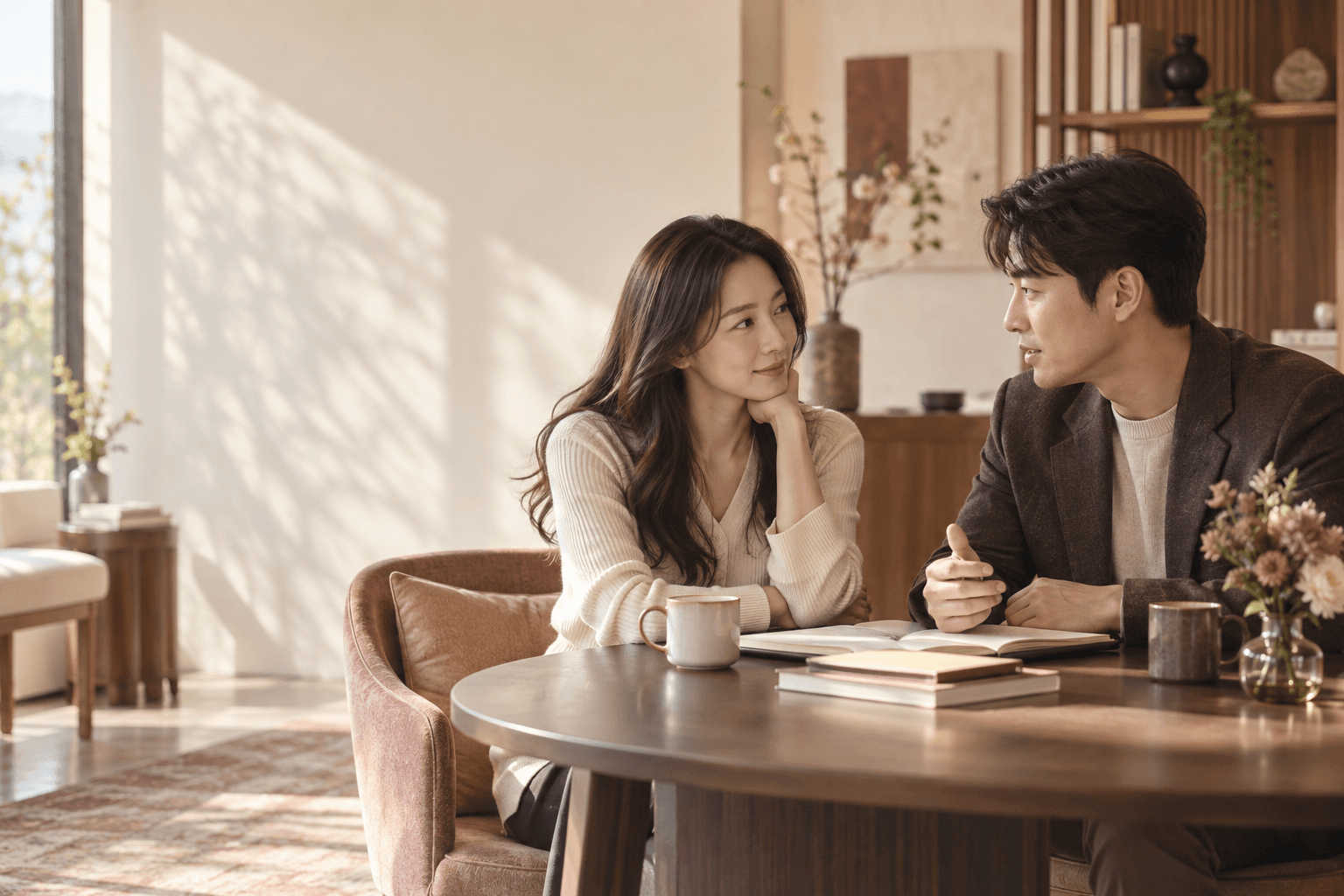 차분한 공간에서 결혼 계획을 대화하는 한국인 커플