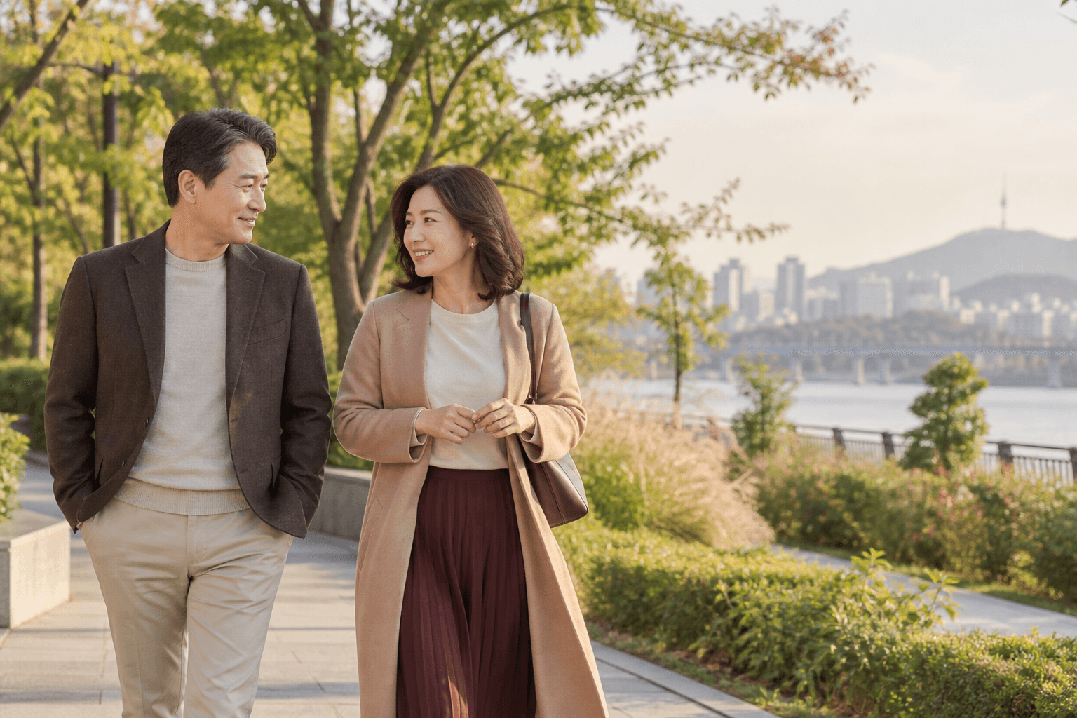 공원에서 대화하며 걷는 중년 한국인 남녀