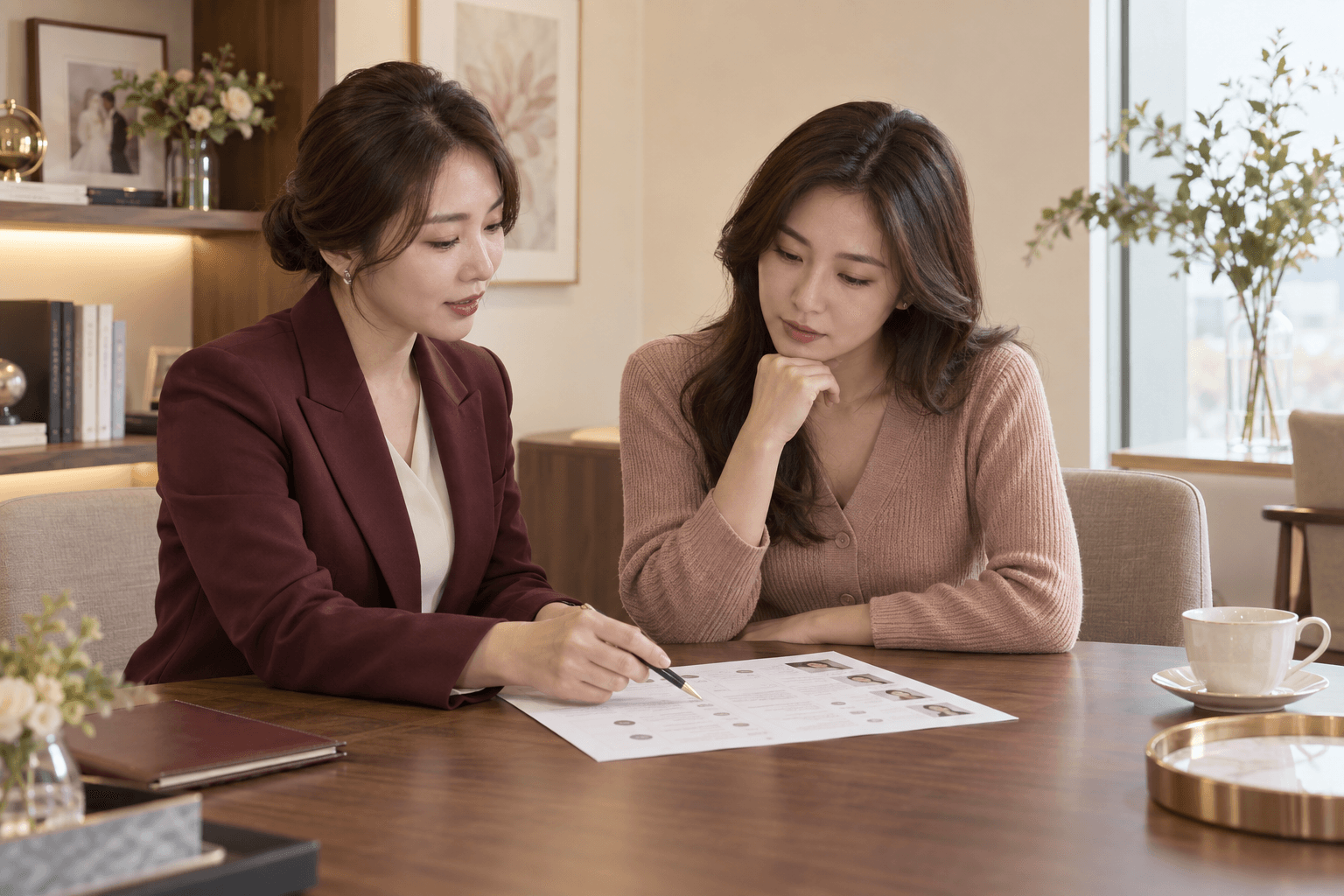 테이블 위 서류를 함께 보며 설명을 듣는 장면